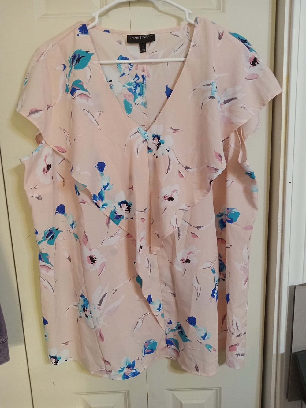 Lane Bryant Blush Pink Floral Ruffle V-Neck Blouse